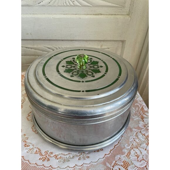 Vintage 1950s Mirro Spun Aluminum Cake Carrier Uranium Glass Knob - Picture 8 of 16